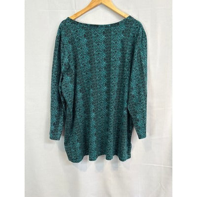 Women’s Roaman’s Size 2X (26/28) Long Sleeve V-Neck Teal & Black Patterned Shirt