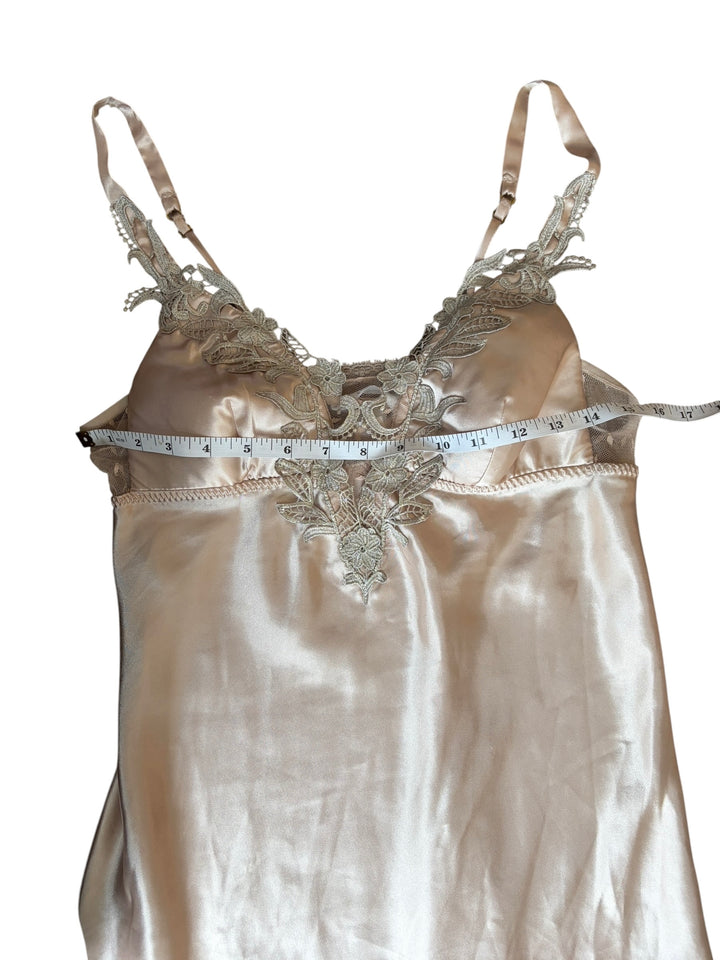 FLORA by Flora Nikrooz Women's Stella gown almond slip dress with padded bust and lace neckline detail, size M