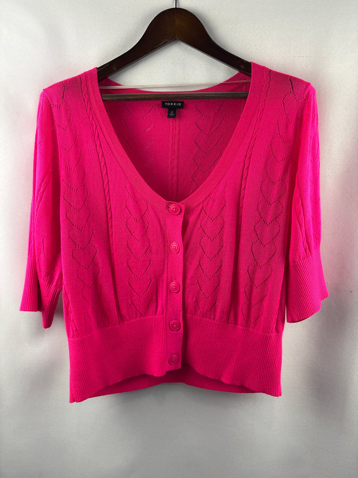Women’s Torrid Size 2 Bright Neon Pink Short Sleeve Cardigan