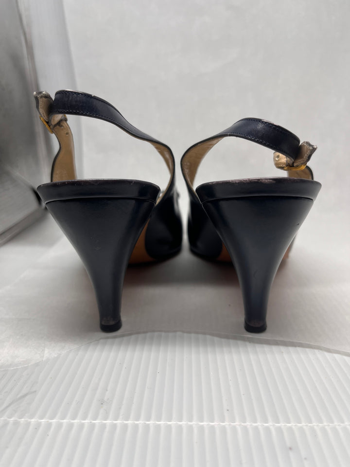Salvatore Ferragamo Dark Blue Peep Toe Slingback Heels Size 7.5