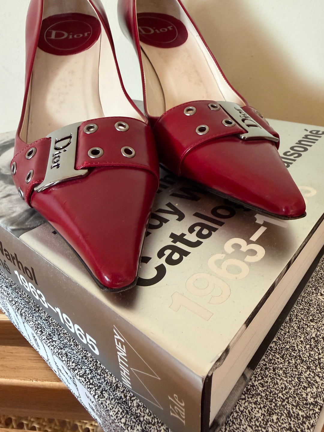 Vintage Christian Dior Red Leather Logo Buckle Pumps 38.5