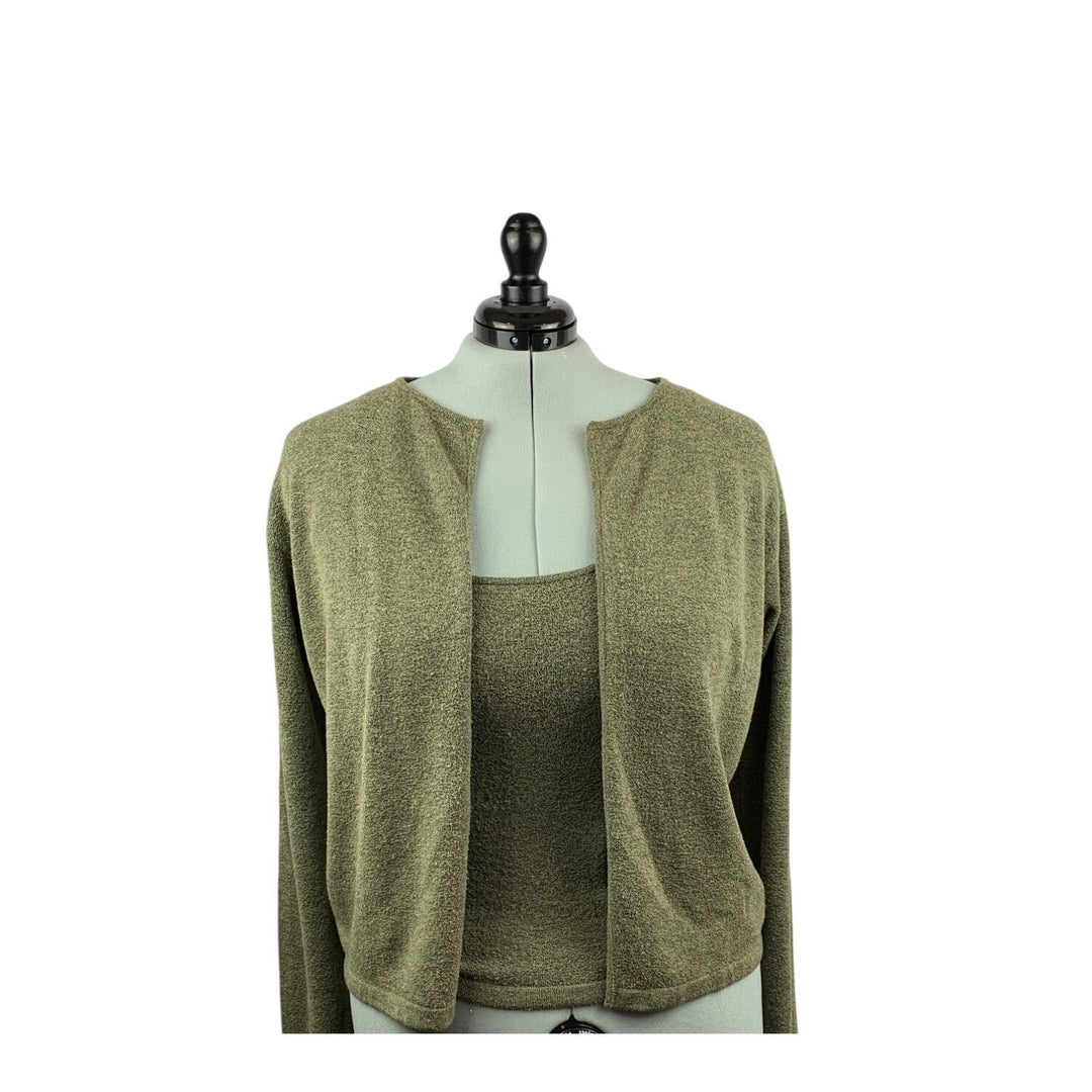 Womens Olive Green Two-Piece Sweater Set  Sleeveless Tank Top & Cardigan  Size M  Cozy Knit