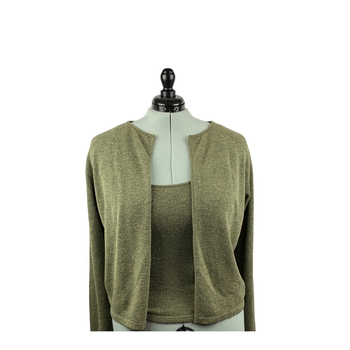 Womens Olive Green Two-Piece Sweater Set  Sleeveless Tank Top & Cardigan  Size M  Cozy Knit