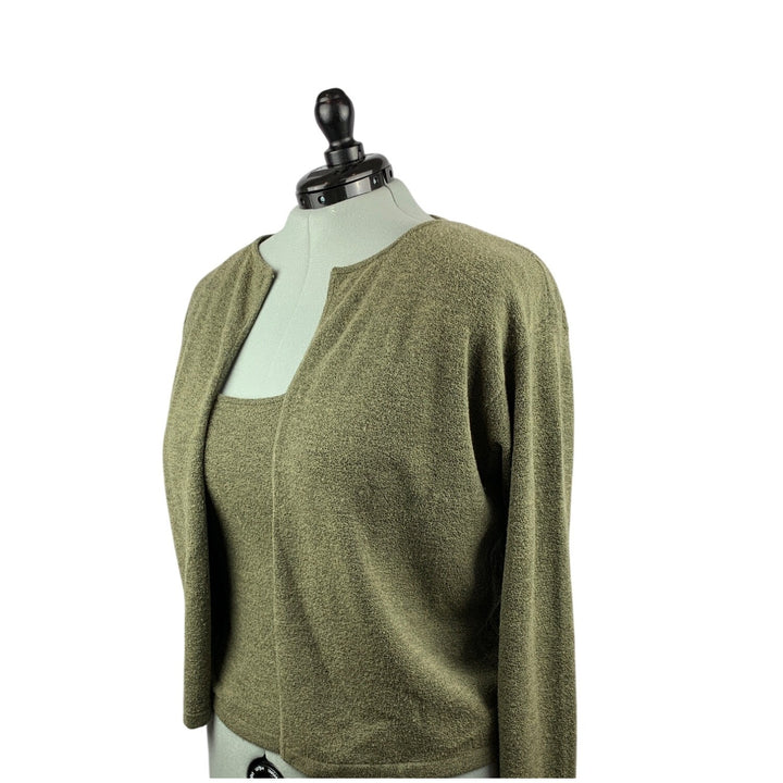 Womens Olive Green Two-Piece Sweater Set  Sleeveless Tank Top & Cardigan  Size M  Cozy Knit