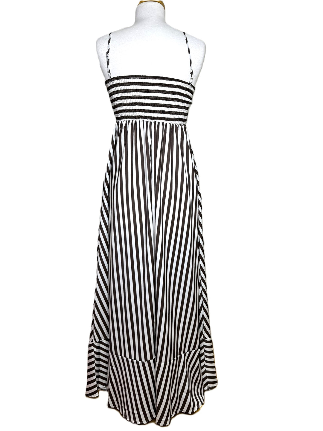 Women's Brown & White Striped Spaghetti Strap Satin Maxi Dress, Ruffled Hem, Size Small