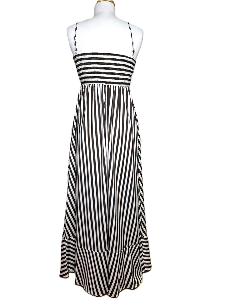 Women's Brown & White Striped Spaghetti Strap Satin Maxi Dress, Ruffled Hem, Size Small