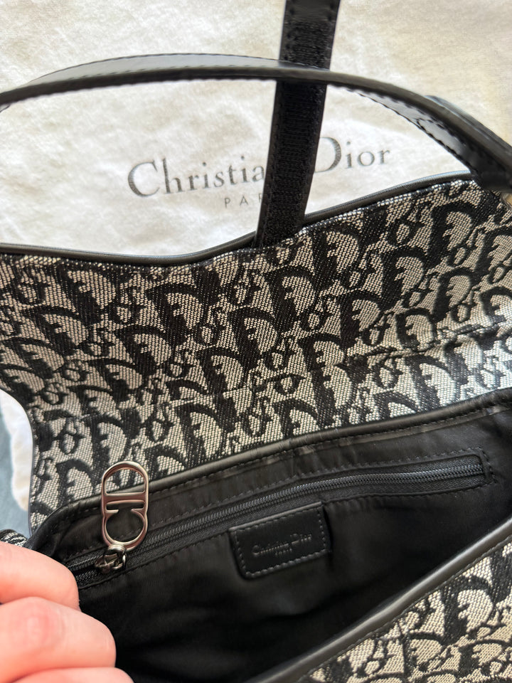 Vintage Christian Dior Saddle Bag Navy Oblique Jacquard Silver Hardware Y2K