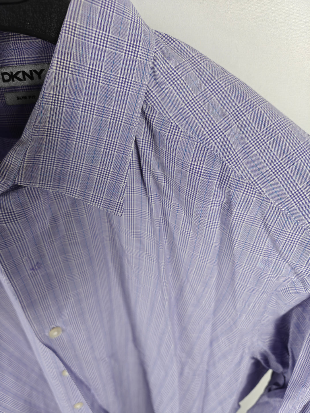 Men’s DKNY Slim Fit Dress Shirt Purple Plaid Size XL 17.5 34/35