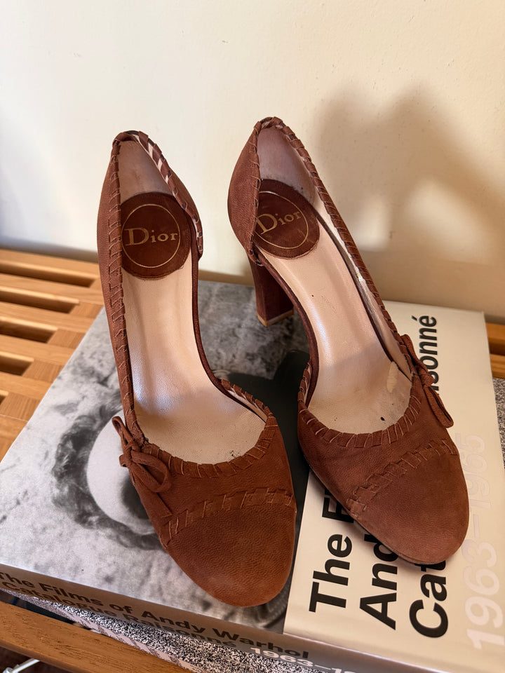 Christian Dior Vintage Brown Leather Bow Pumps Heels EU 38 US Made in Italy