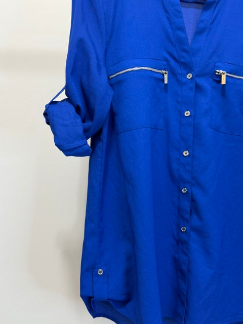 Calvin Klein Royal Blue Zip‑Pocket Roll‑Tab Blouse SzL