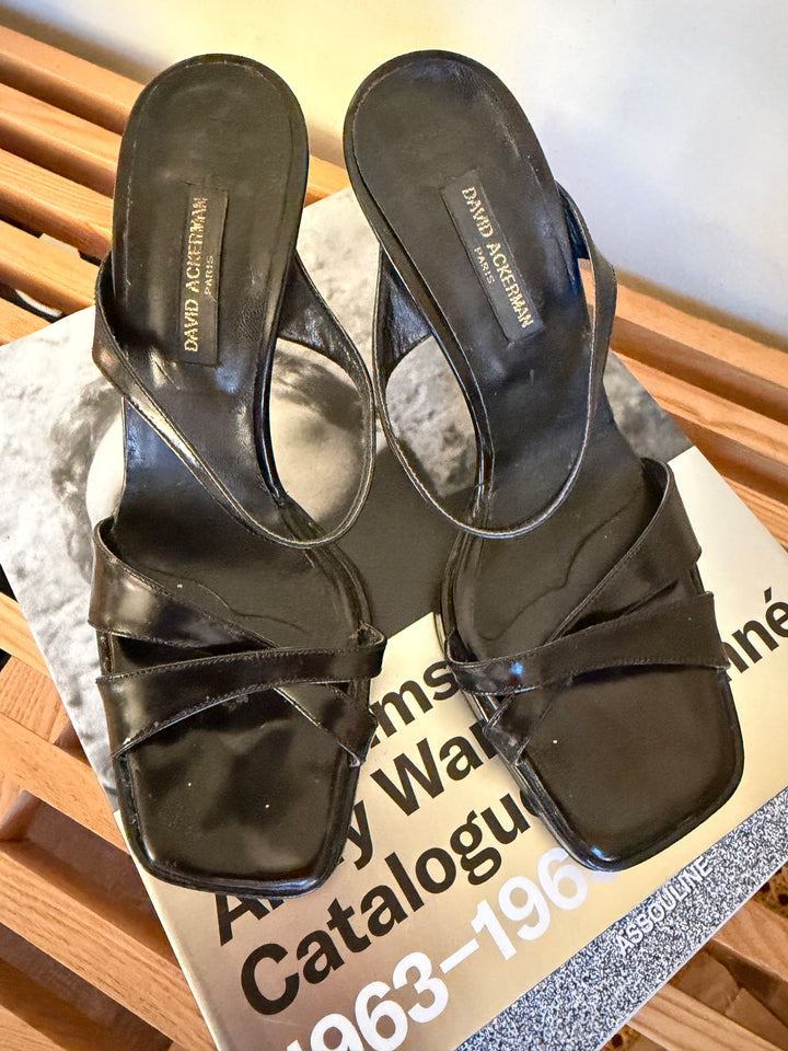 Vintage David Ackerman Paris Black Leather Y2K Mule Heels (fits 7.5)