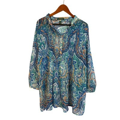 Women’s Green Label Ralph Lauren Size 2X Sheer Blue Multipattern Shirt.