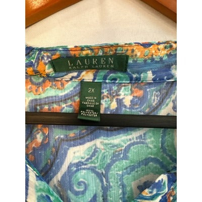 Women’s Green Label Ralph Lauren Size 2X Sheer Blue Multipattern Shirt.