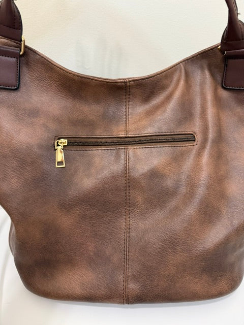 Vegan Leather Bucket Tote Crossbody Bag Brown Gold Hardware