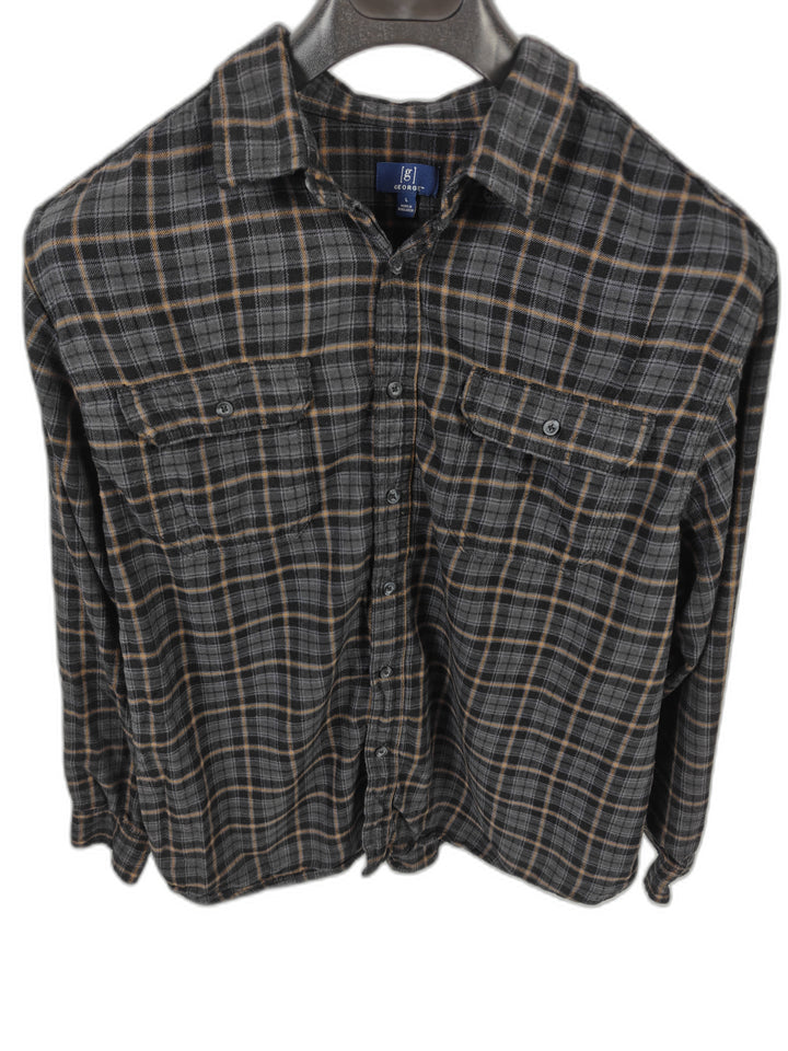 Mens George Flannel Shirt Black Gray Plaid Size L