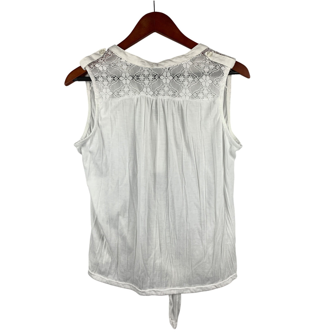 Womens White Sleeveless Top With Lace Detail & Front Tie
