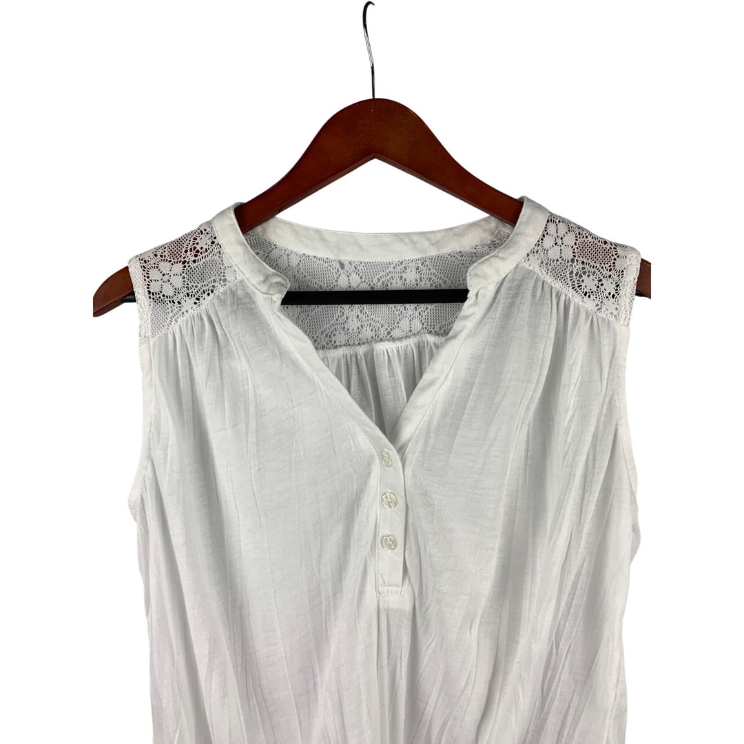 Womens White Sleeveless Top With Lace Detail & Front Tie