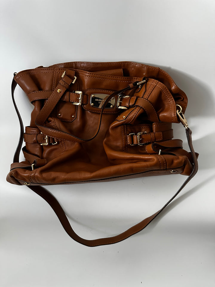 Michael Kors Brown Leather Belted Satchel Shoulder Bag Gold Hardware