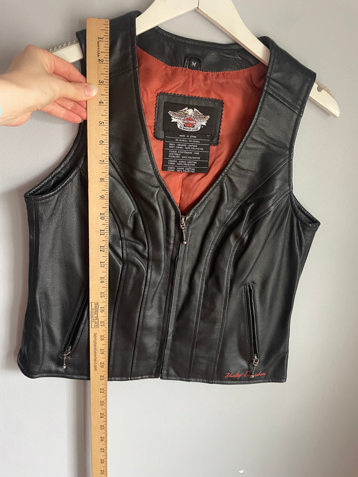 Harley Davidson Womens Black Leather Vest Zip Front Bar Shield Patch Sz M Vintage 2009