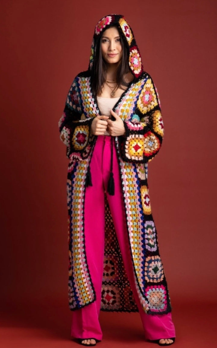 Anthropologie SAACHI Boho Hooded Granny Square Crochet Kimono Black Handmade