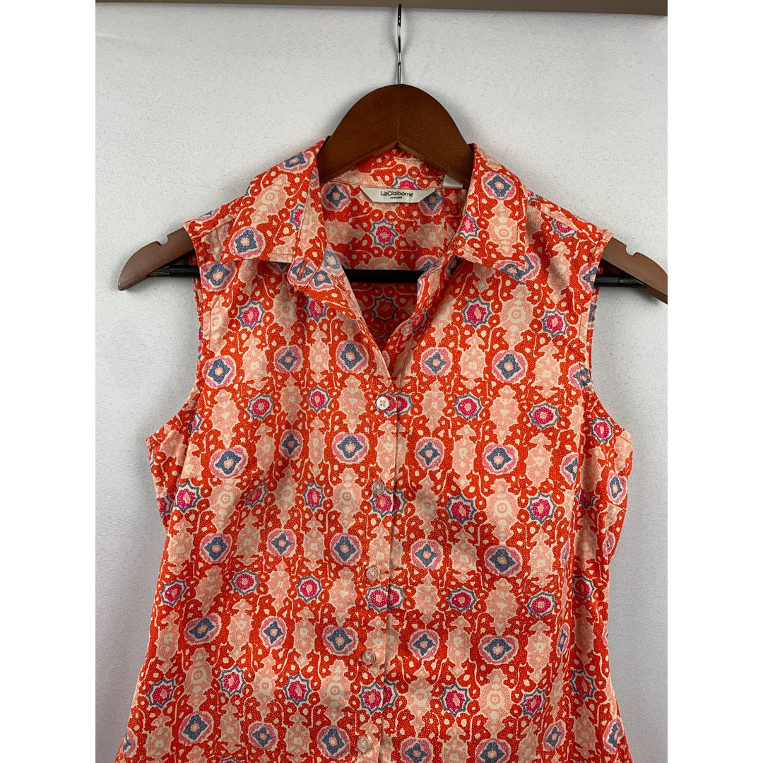 Liz Claiborne Sleeveless Button-Up Blouse Size 2 Red & White Pattern