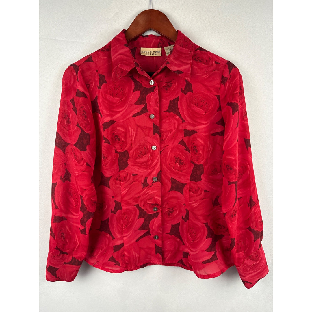 Apostrophe Petite Red Rose Pattern Button-Up Blouse 6P