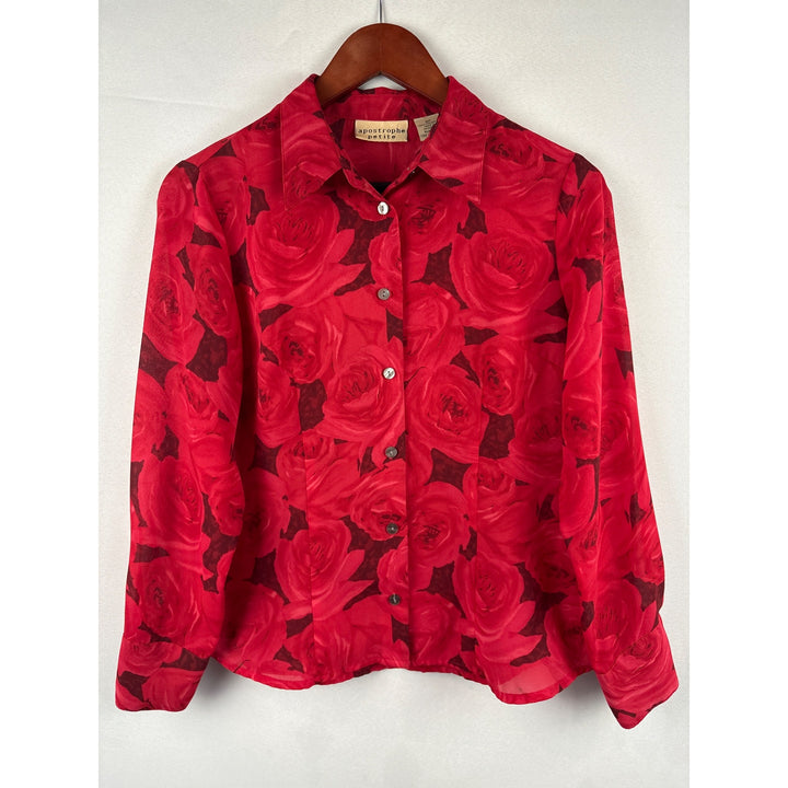 Apostrophe Petite Red Rose Pattern Button-Up Blouse 6P