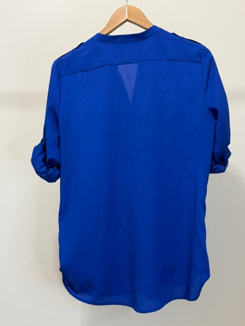 Calvin Klein Royal Blue Zip‑Pocket Roll‑Tab Blouse SzL
