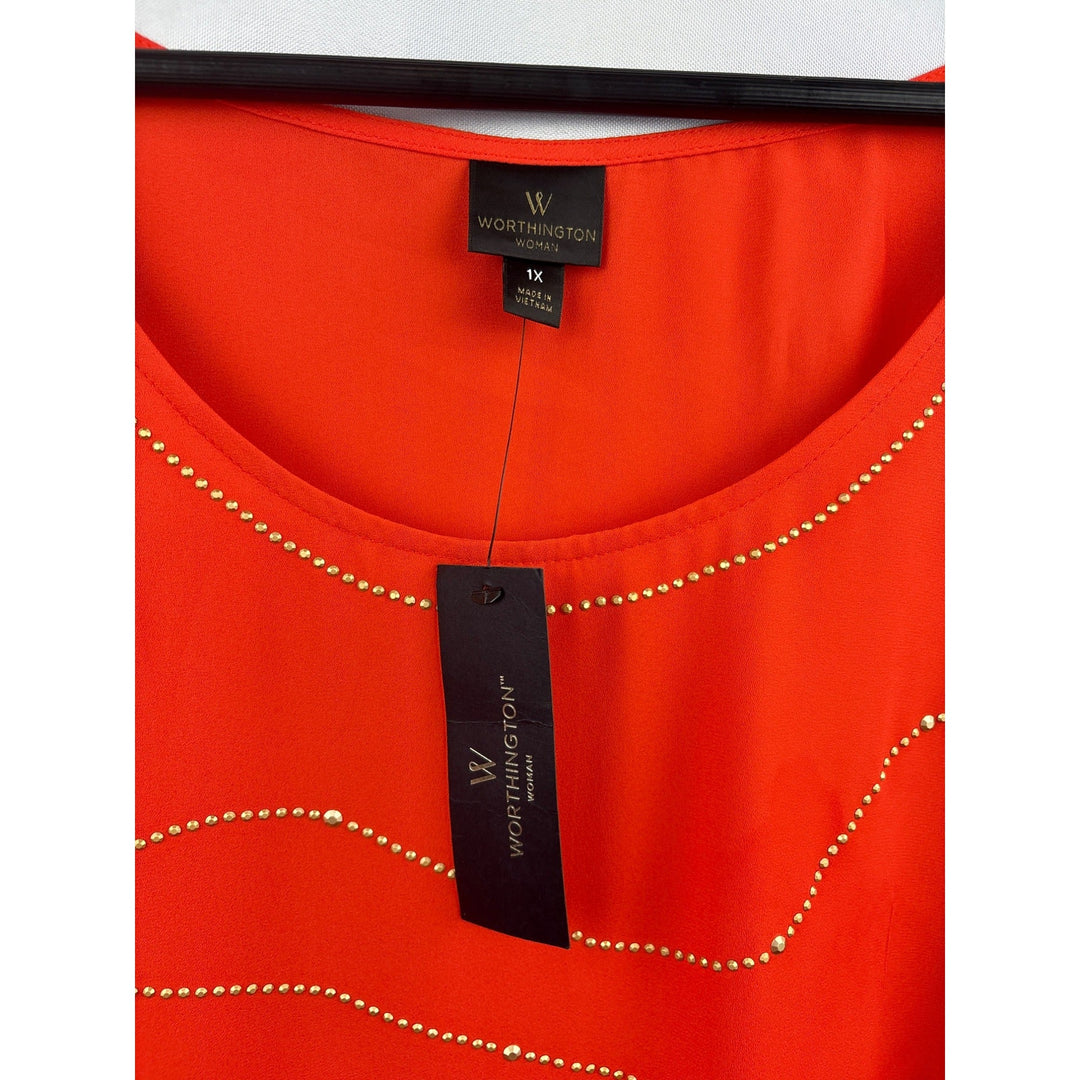 Women’s Worthington Size 1X Orange Tank with Gold Beading Design