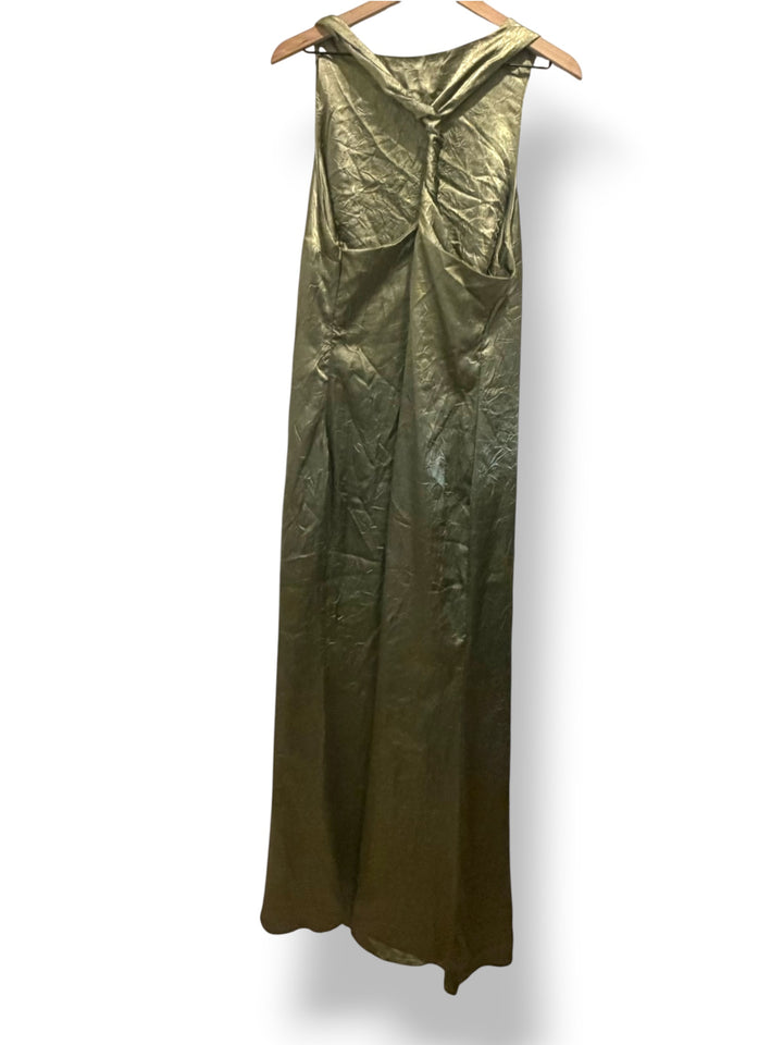 ASOS Design Olive Sage Green Crushed Satin Maxi Dress Size 14 Halter Evening Y2K