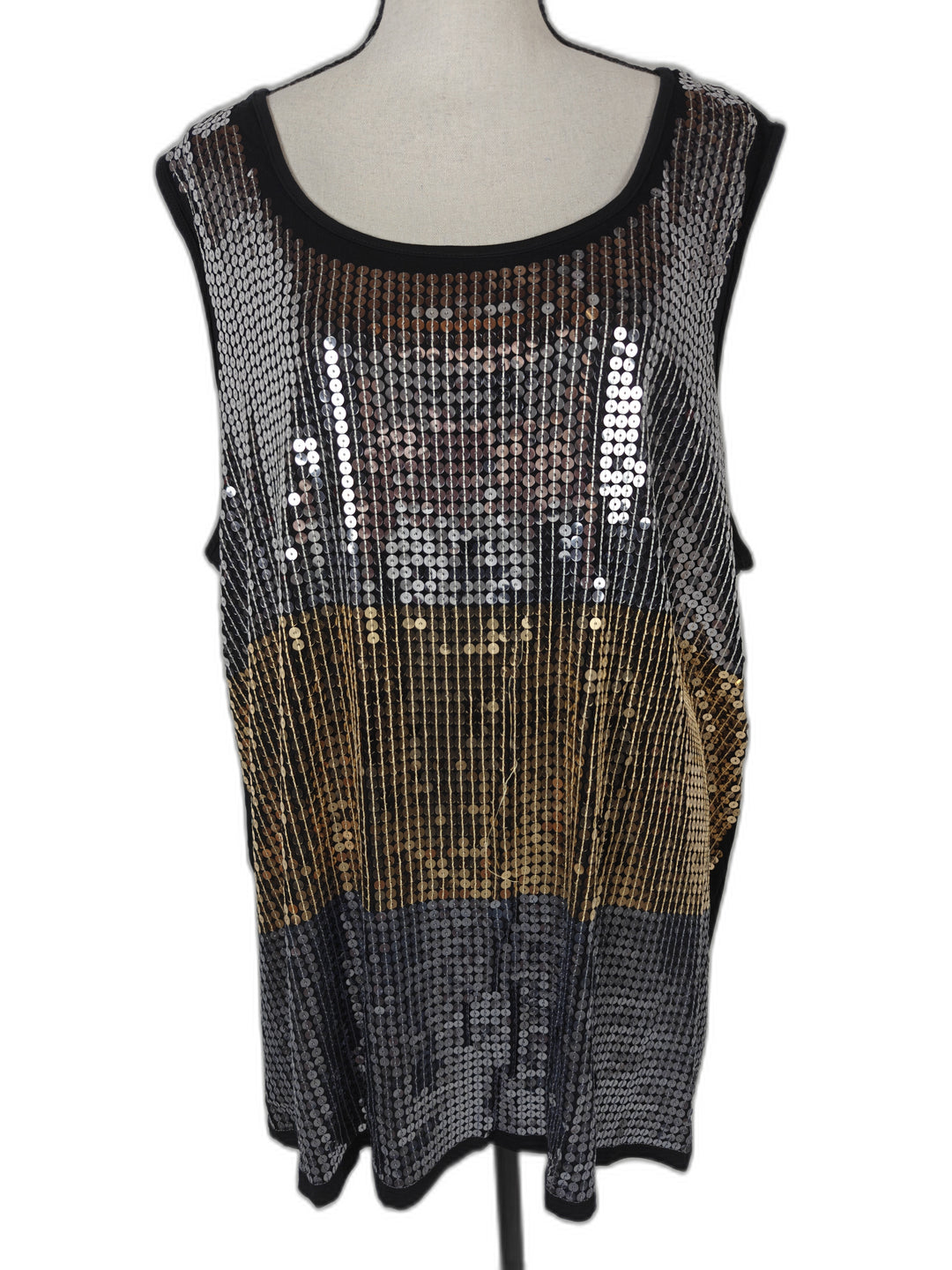 Womens Design History Sequin Tank Top Black Gold Silver Size 3X