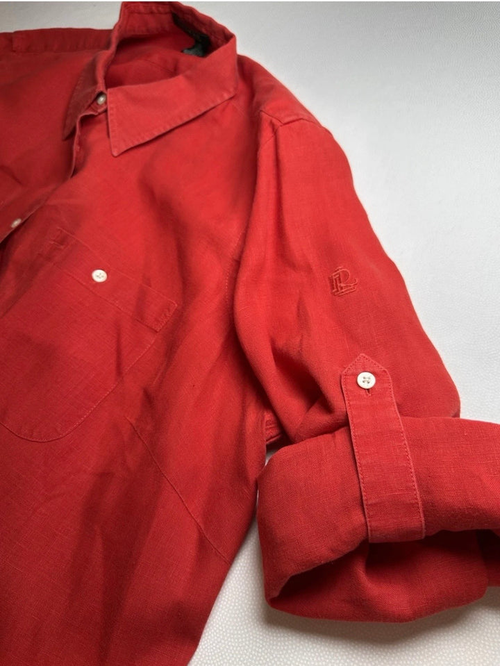 Lauren Ralph Lauren 100% Linen Red Button Up Shirt Womens 2X Roll Tab