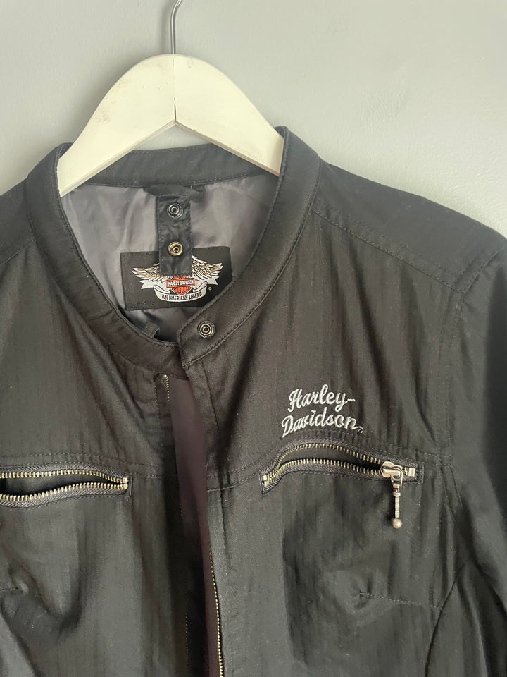 Harley Davidson Womens Black Jacket Winged Bar Shield Lace Up Back Size L