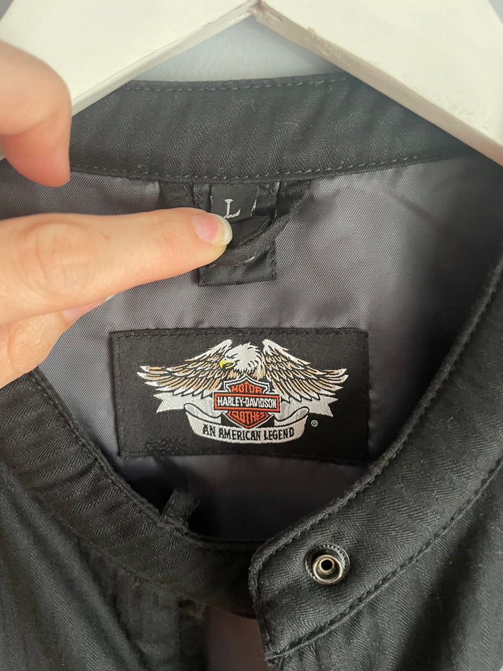Harley Davidson Womens Black Jacket Winged Bar Shield Lace Up Back Size L