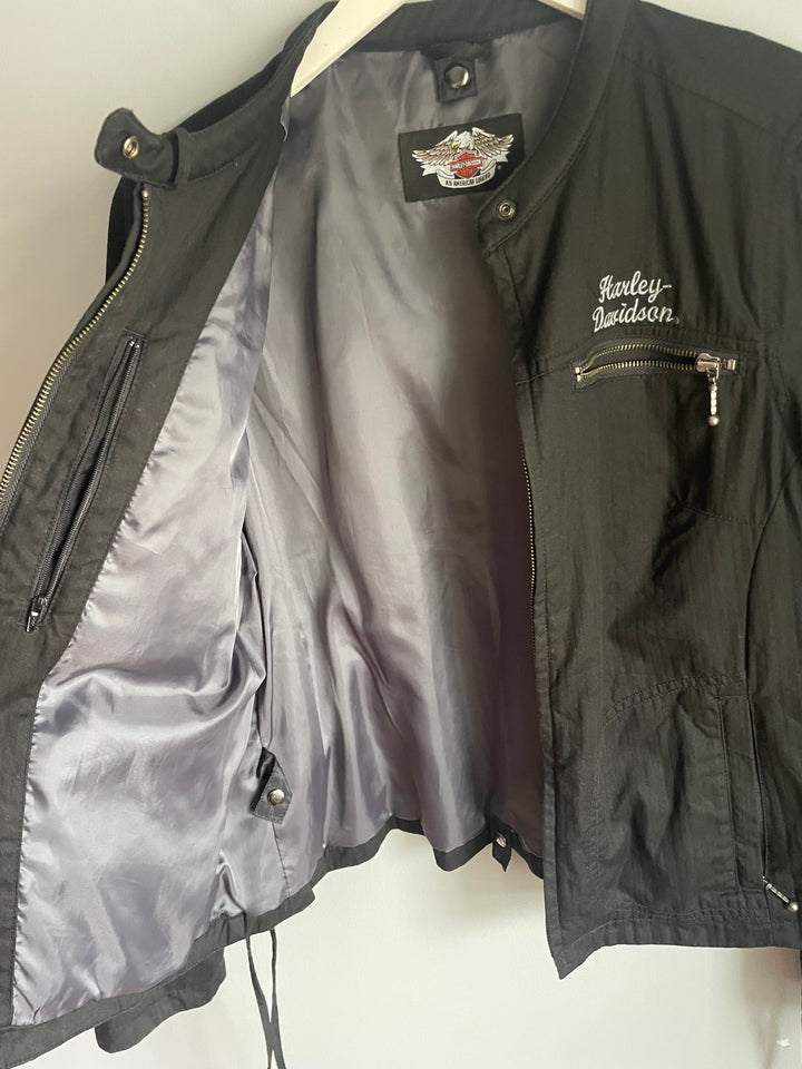 Harley Davidson Womens Black Jacket Winged Bar Shield Lace Up Back Size L