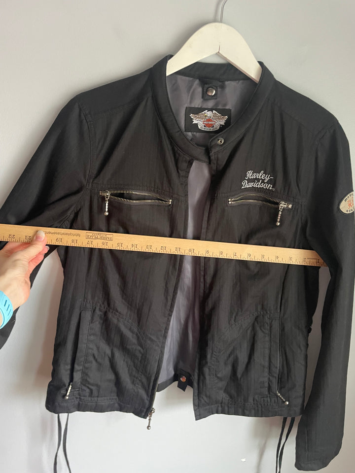 Harley Davidson Womens Black Jacket Winged Bar Shield Lace Up Back Size L
