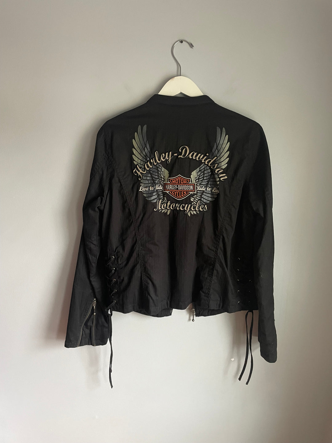 Harley Davidson Womens Black Jacket Winged Bar Shield Lace Up Back Size L