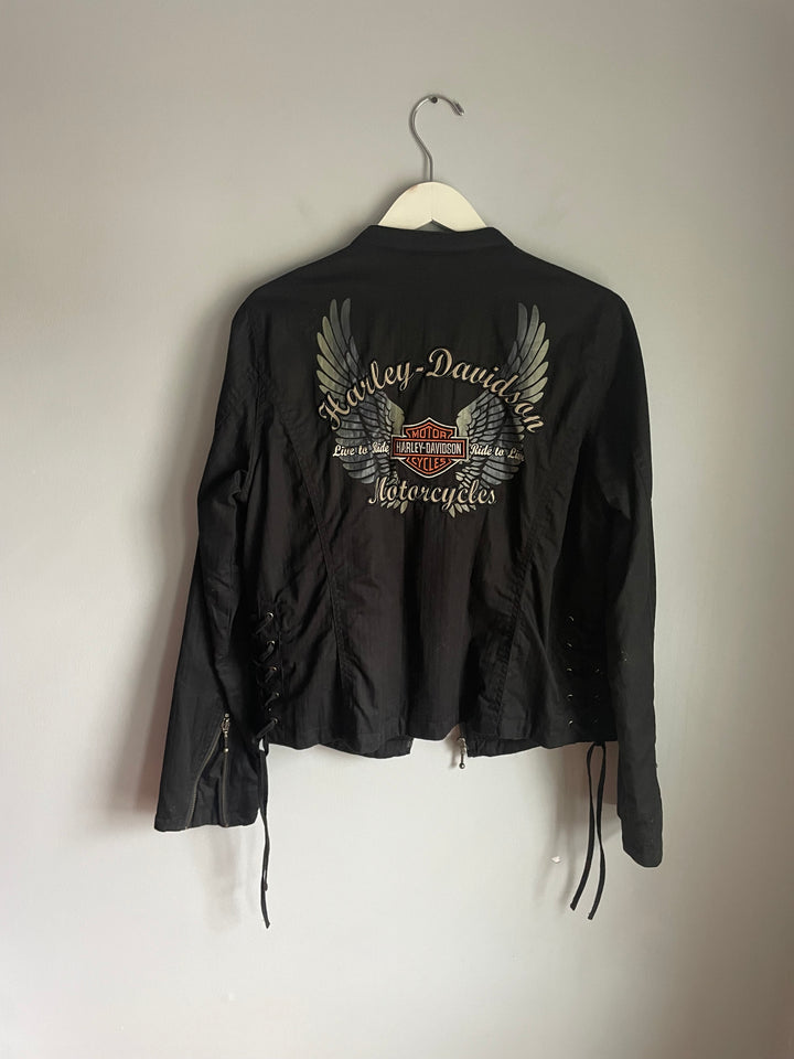 Harley Davidson Womens Black Jacket Winged Bar Shield Lace Up Back Size L