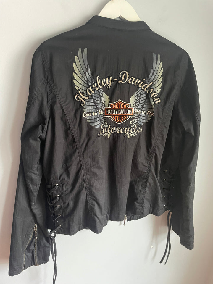 Harley Davidson Womens Black Jacket Winged Bar Shield Lace Up Back Size L