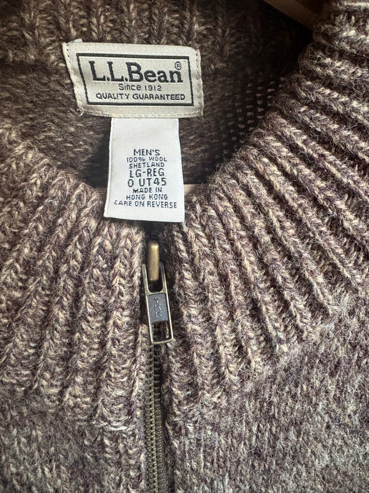 LL Bean Mens Large 100 Percent Wool Full Zip Sweater Brown Marled Vintage