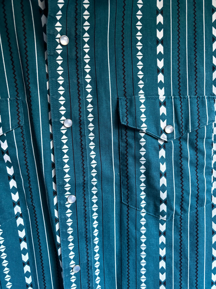 Wrangler Mens Teal Geometric Cowboy Cut Western Pearl Snap Shirt