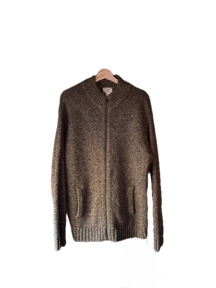 LL Bean Mens Large 100 Percent Wool Full Zip Sweater Brown Marled Vintage