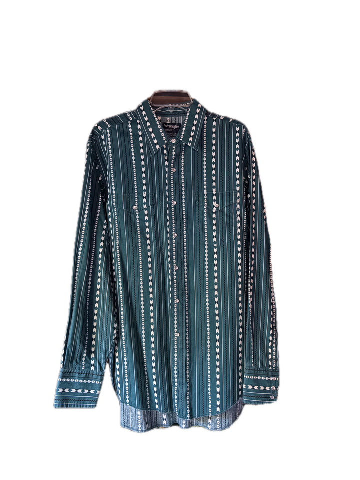 Wrangler Mens Teal Geometric Cowboy Cut Western Pearl Snap Shirt