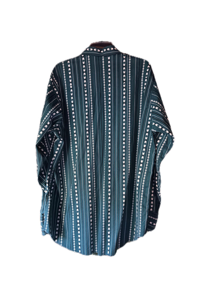 Wrangler Mens Teal Geometric Cowboy Cut Western Pearl Snap Shirt