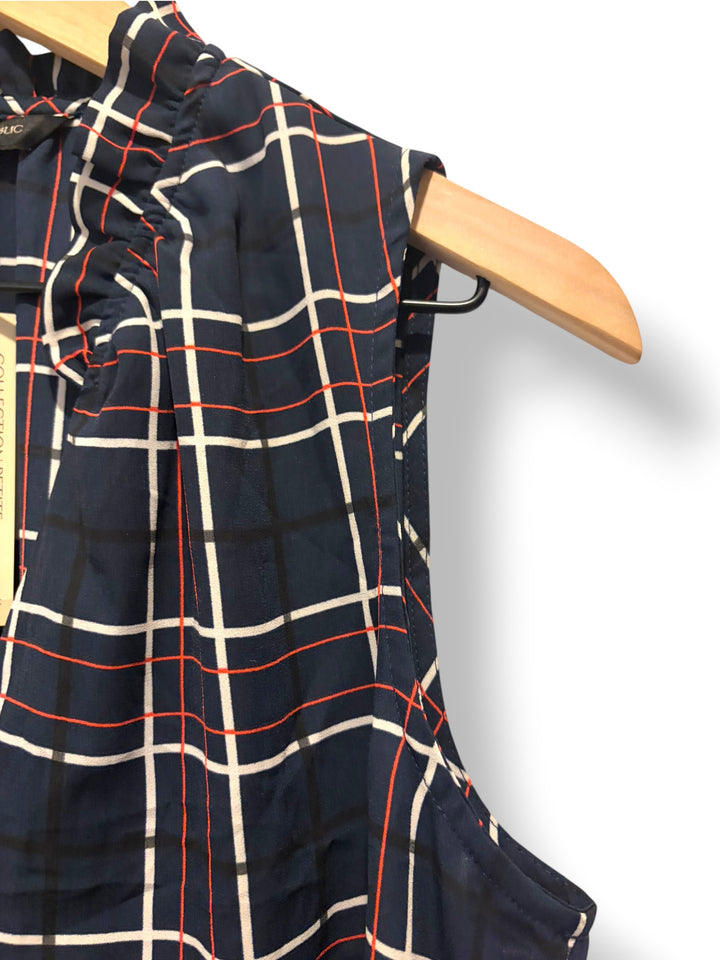 Banana Republic Petite Plaid Ruffle Sleeveless Blouse Navy Red White SP NWT