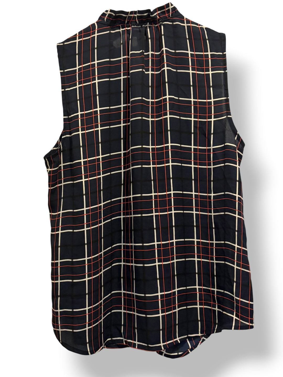 Banana Republic Petite Plaid Ruffle Sleeveless Blouse Navy Red White SP NWT