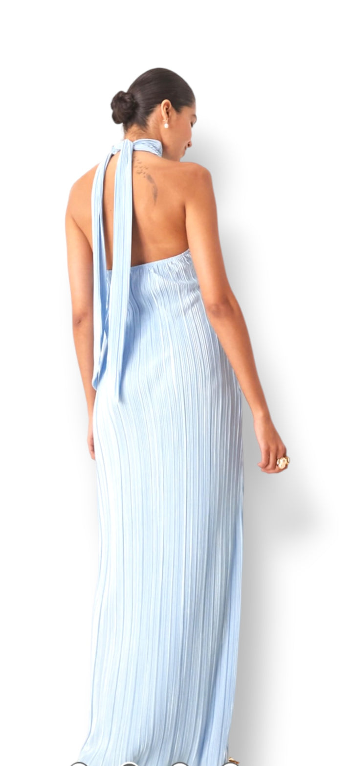 ASOS DESIGN Baby Blue Plisse Halter Tie Open Back Maxi Dress Size L NWT