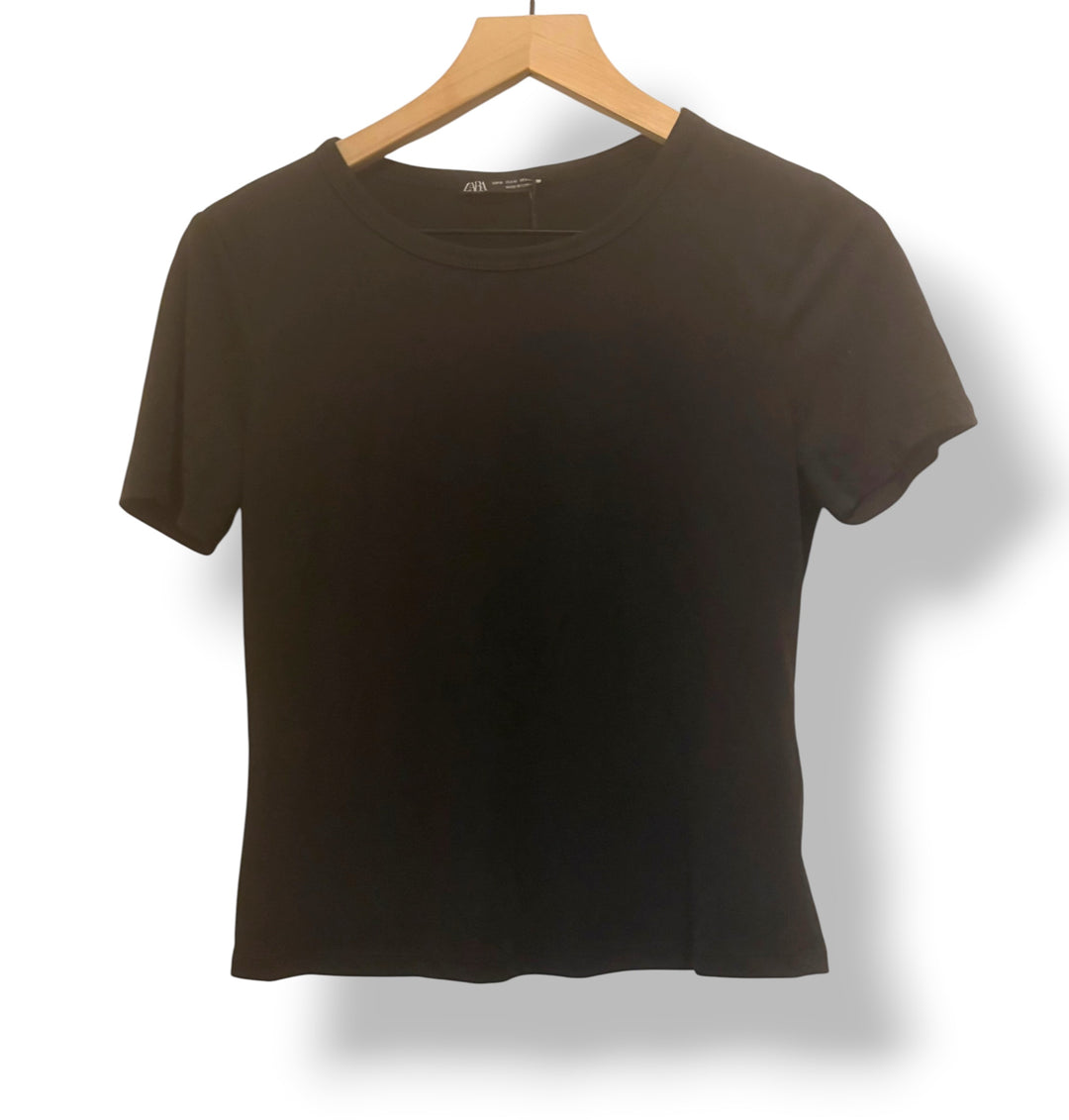 Zara Black Modal Blend Cropped T Shirt Size M NWT Minimalist Elevated Basic