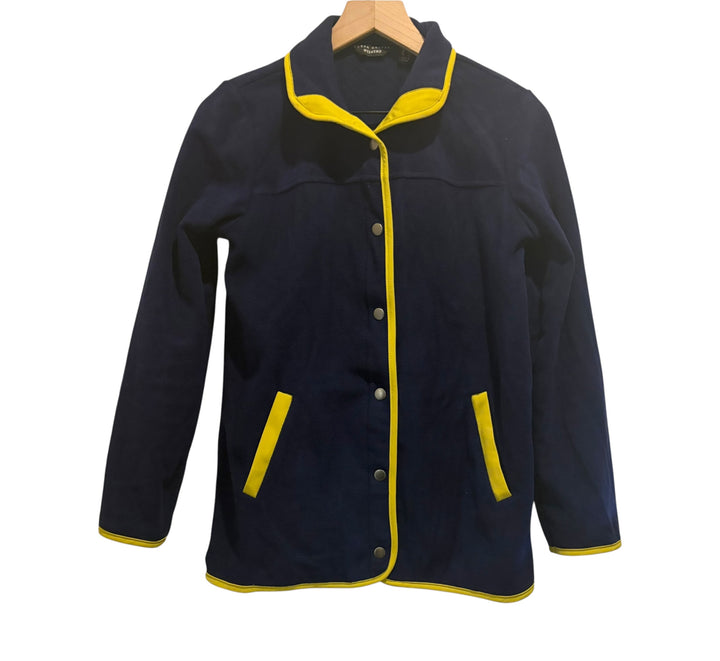 Susan Graver Weekend Navy Chartreuse Trim Fleece Snap Front Jacket XS