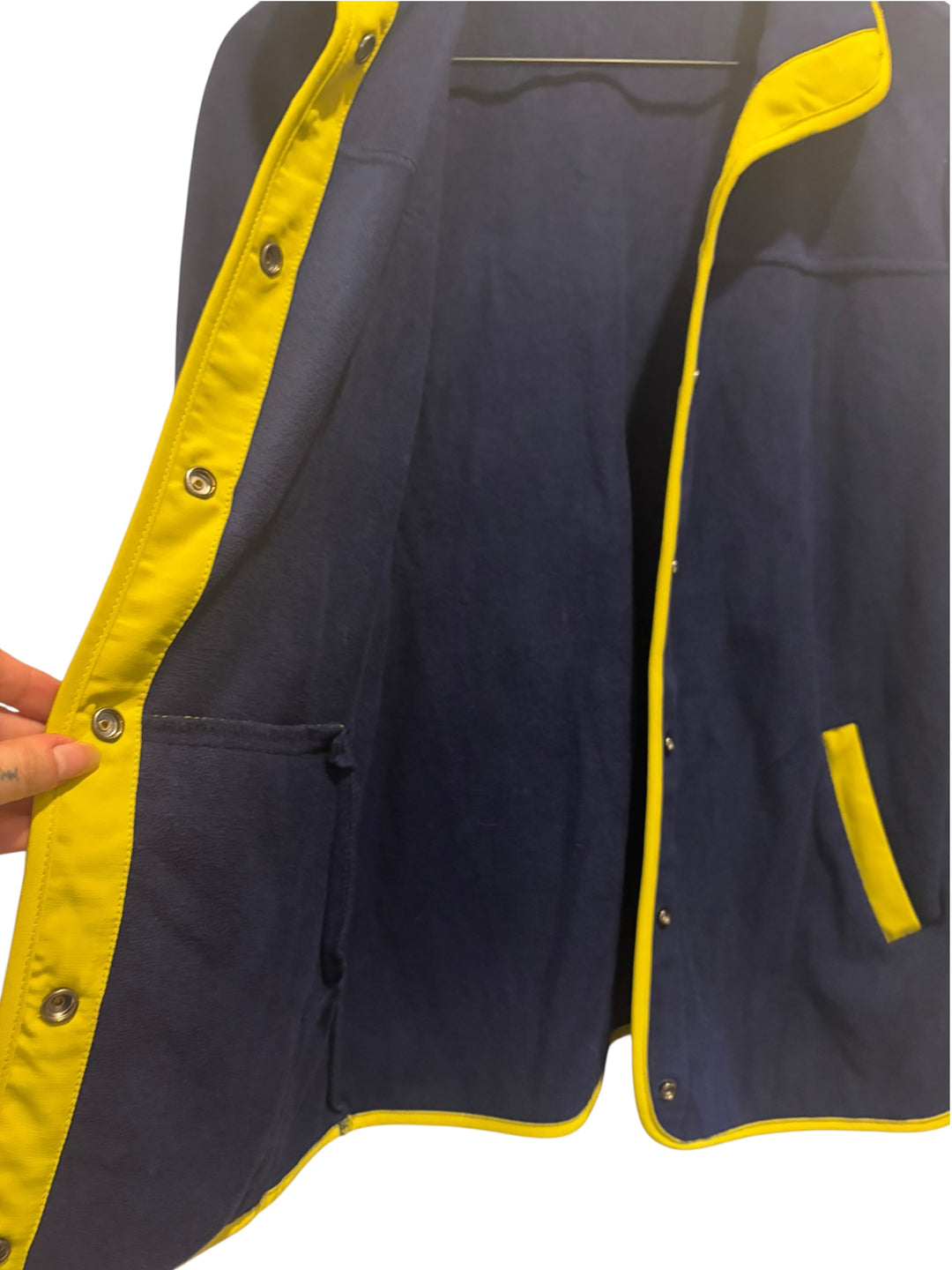 Susan Graver Weekend Navy Chartreuse Trim Fleece Snap Front Jacket XS